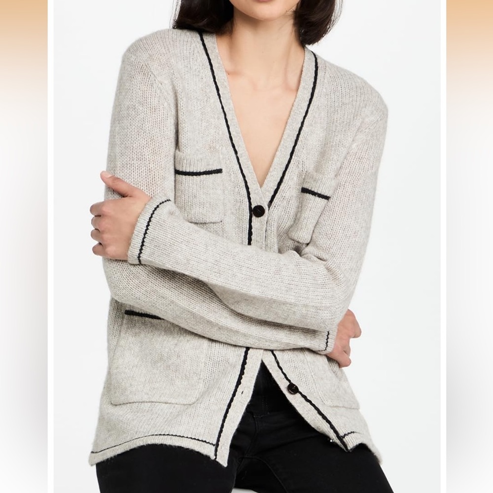 Theory Contrast Pocket Cardigan Light Taupe Black Melange Wool Yak Quiet‎ Luxury